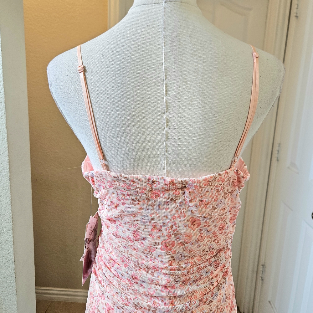 Emerald Sundae Floral Ruched Mesh Bodycon Dress  SIZE XL in Coral Pink NWT - Picture 7 of 10